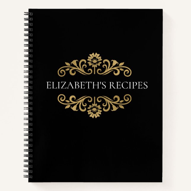 Elegant Monogram black Gold Recipe Cookbook Notebook (Front)