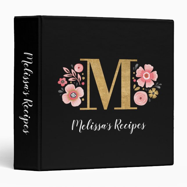 Elegant Monogram Black Gold Script 3 Ring Binder (Front/Spine)