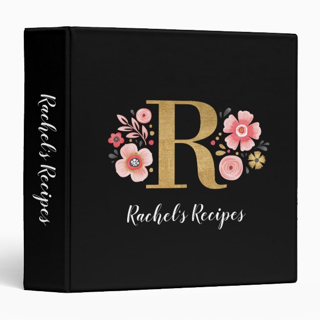 Elegant Monogram Black Gold Script 3 Ring Binder (Front/Spine)