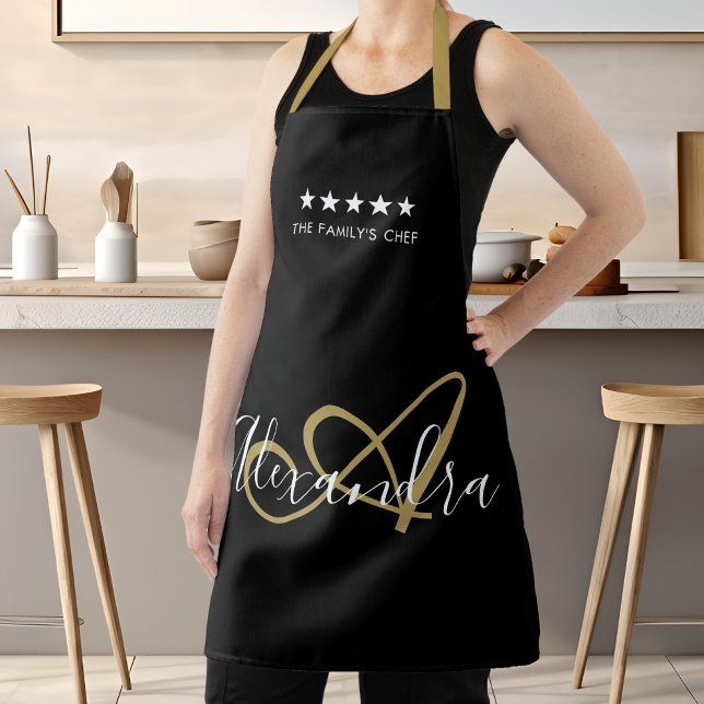 Elegant Monogram Black Gold Script Best Chef Name  Apron (Elegant Monogram Black Gold Script Best Chef Name Apron)
