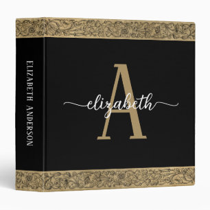 Elegant Monogram Black Gold Script Binder