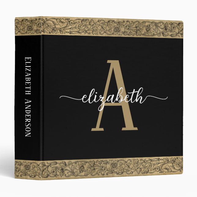 Elegant Monogram Black Gold Script Binder (Front/Spine)