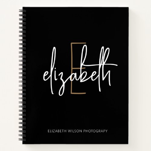 Elegant Monogram Black Gold Script Business School Notebook