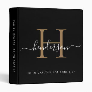 Elegant Monogram Black Gold Script Family Name 3 Ring Binder