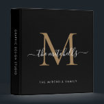 Elegant Monogram Black Gold Script Family Name 3 Ring Binder<br><div class="desc">Elegant Monogram Gold Black White Script Name Home Office Professional Work Back to School Recipe Family Name 3 ring binder</div>
