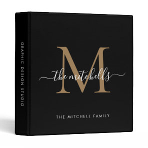 Elegant Monogram Black Gold Script Family Name 3 Ring Binder