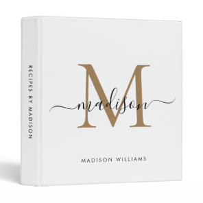 Elegant Monogram Black Gold Script Kitchen Recipe 3 Ring Binder