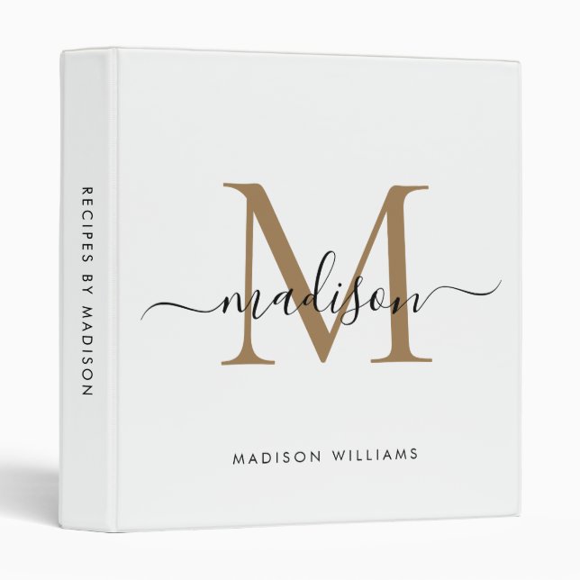 Elegant Monogram Black Gold Script Kitchen Recipe 3 Ring Binder (Front/Spine)