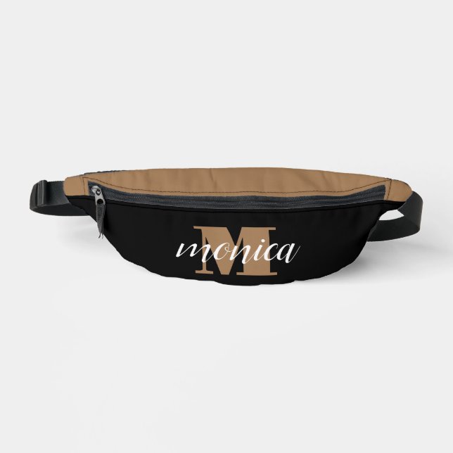 Elegant Monogram Black Gold Script minimal Fanny Pack (Front)
