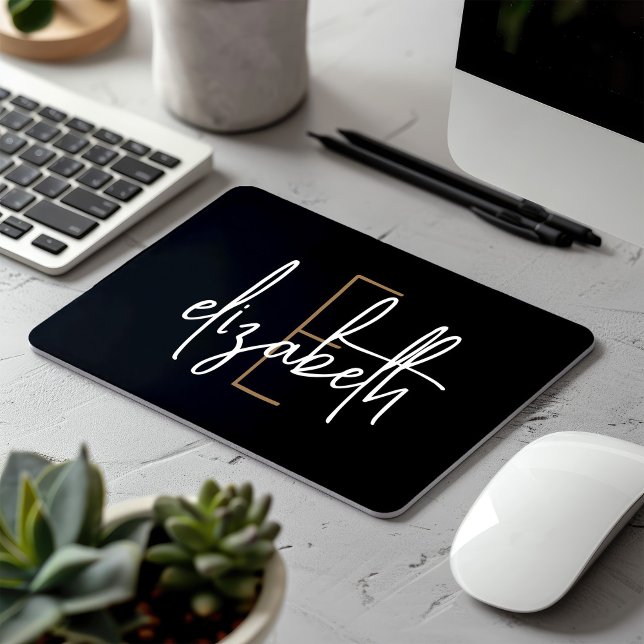Elegant Monogram Black Gold Script Mouse Pad (Creator Uploaded)