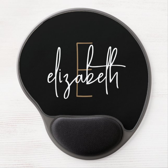 Elegant Monogram Black Gold Script Mouse Pad (Front)