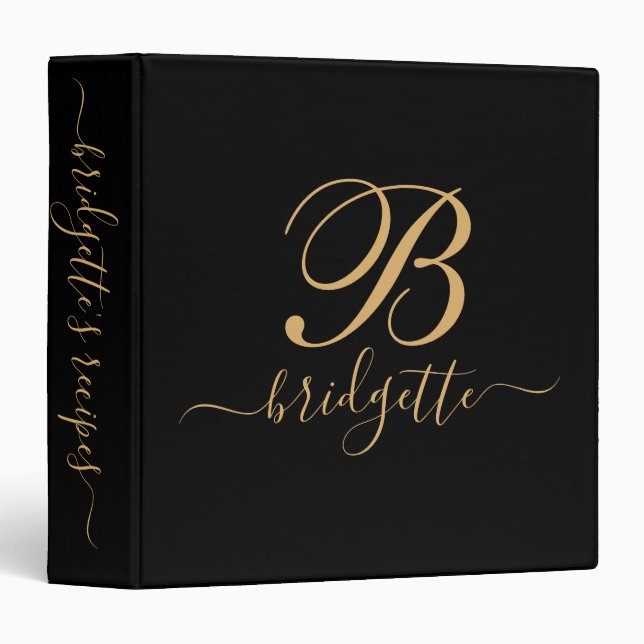 Elegant Monogram Black Gold Script Name 3 Ring Binder (Front/Spine)