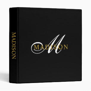 Elegant Monogram Black Gold Script Name 3 Ring Binder