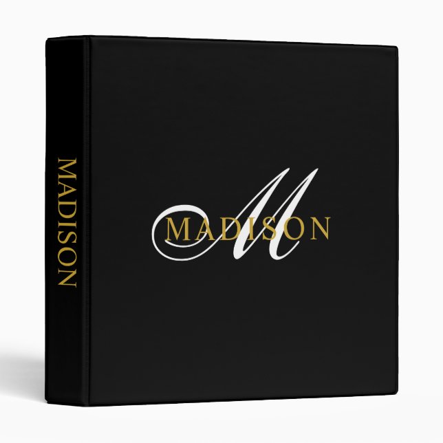 Elegant Monogram Black Gold Script Name 3 Ring Binder (Front/Spine)