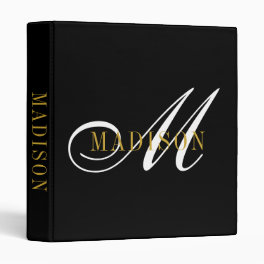 Elegant Monogram Black Gold Script Name 3 Ring Binder