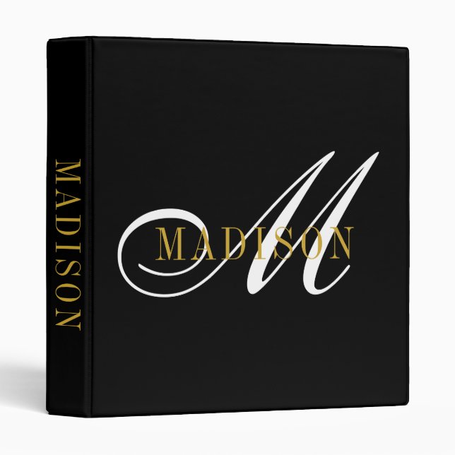 Elegant Monogram Black Gold Script Name 3 Ring Binder (Front/Spine)