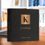 Elegant monogram black gold script name 3 ring binder<br><div class="desc">Stylish modern luxury monogram initial and signature script name personalized office,  school,  or personal binder featuring a faux metallic gold copper square with initial letter and your custom text over a black leather like (PRINTED TEXTURE) background.</div>