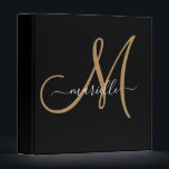 Elegant Monogram Black Gold Script Name  3 Ring Binder<br><div class="desc">Personalized binder featuring a gold script initial,  and white script name. A trending modern minimalist typography style. Click on "customize further to use our simple design tool to choose a different initial or name font.</div>