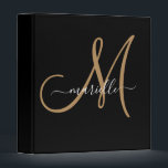 Elegant Monogram Black Gold Script Name  3 Ring Binder<br><div class="desc">Personalized binder featuring a gold script initial,  and white script name. A trending modern minimalist typography style. Click on "customize further to use our simple design tool to choose a different initial or name font.</div>