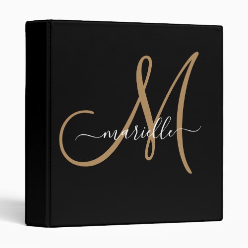 Elegant Monogram Black Gold Script Name  3 Ring Binder