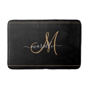 Elegant Monogram Black Gold Script Name Bath Mat