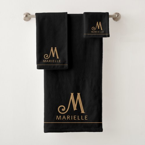 Elegant Monogram Black Gold Script Name  Bath Towel Set