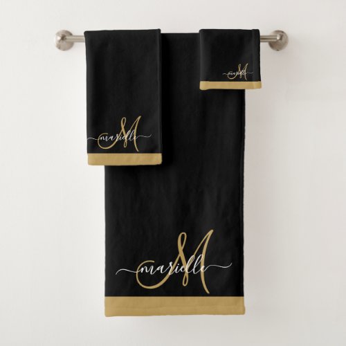 Elegant Monogram Black Gold Script Name  Bath Towel Set