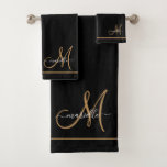 Elegant Monogram Black Gold Script Name  Bath Towel Set at Zazzle