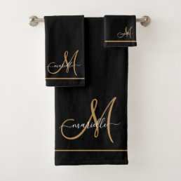 Elegant Monogram Black Gold Script Name  Bath Towel Set