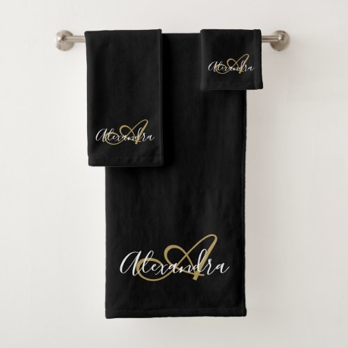 Elegant Monogram Black Gold Script Name Bath Towel Set