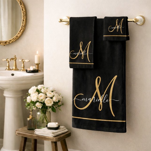 Elegant Monogram Black Gold Script Name  Bath Towel Set (Creator Uploaded)