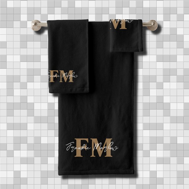 Elegant Monogram Black Gold Script Name Bath Towel Set (Creator Uploaded)