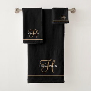 Elegant Monogram Black Gold Script Name Bath Towel Set