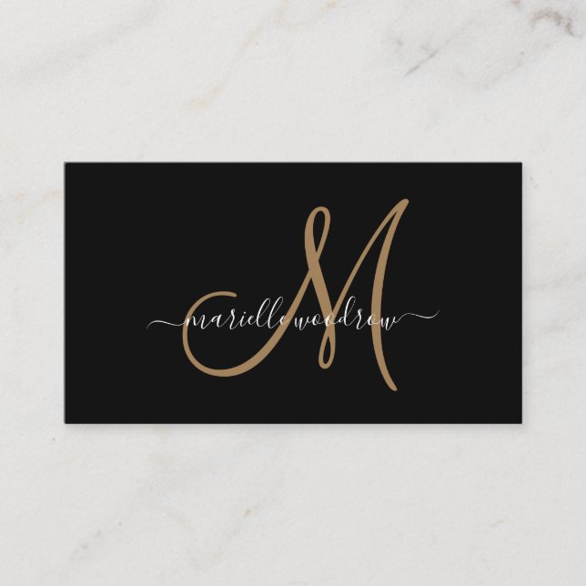 Elegant Monogram Black Gold Script Name Business Card (Front)