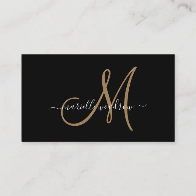 Elegant Monogram Black Gold Script Name Business Card | Zazzle