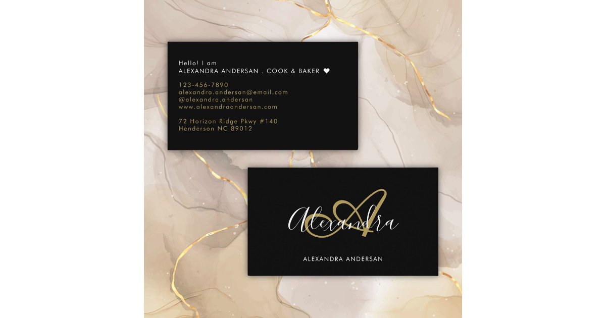 Elegant Monogram Black Gold Script Name Business Card | Zazzle