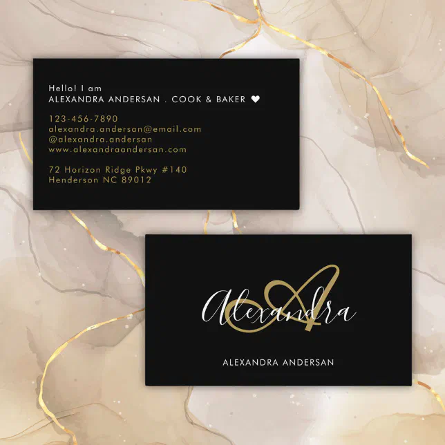 Elegant Monogram Black Gold Script Name Business Card | Zazzle