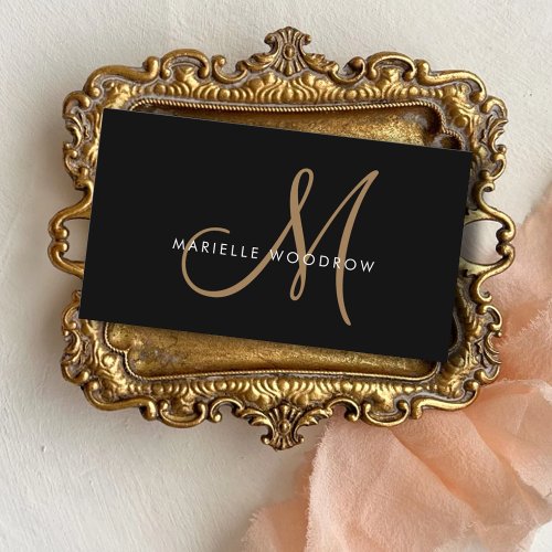 Elegant Monogram Black Gold Script Name Business Card