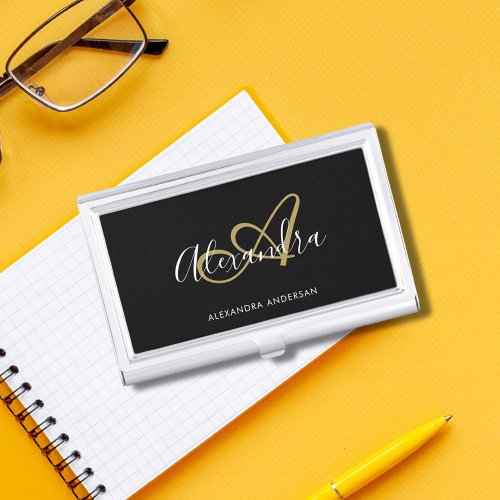 Elegant Monogram Black Gold Script Name Business Card Case