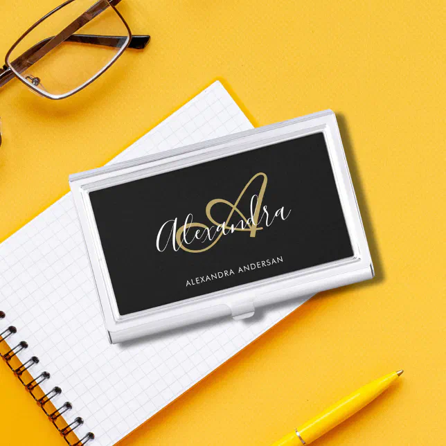 Elegant Monogram Black Gold Script Name Business Card Case | Zazzle
