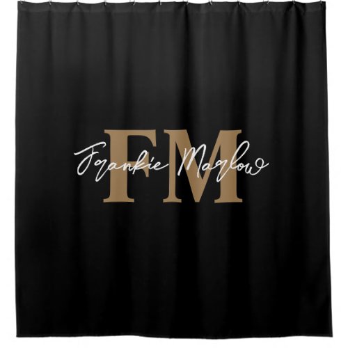 Elegant Monogram Black Gold Script Name Chic Shower Curtain