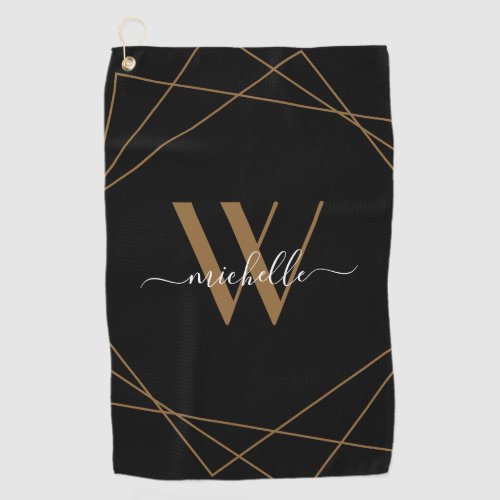Elegant Monogram Black Gold Script Name Golf Towel