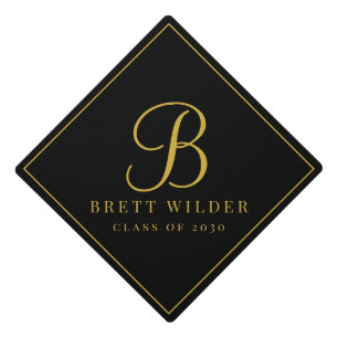 Elegant Monogram Black Gold Script Name Graduation Cap Topper