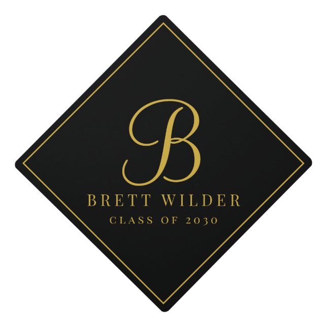 Elegant Monogram Black Gold Script Name  Graduation Cap Topper (Front)