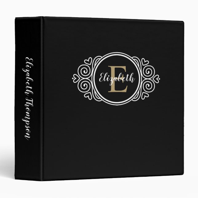 Elegant Monogram Black Gold  Script Name Initial 3 Ring Binder (Front/Spine)