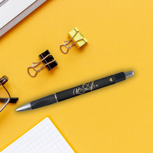 Elegant Monogram Black Gold Script Name Pen