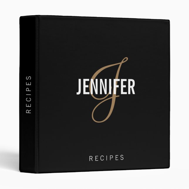 Elegant Monogram Black Gold Script Name Recipe 3 R Ring Binder (Front/Spine)