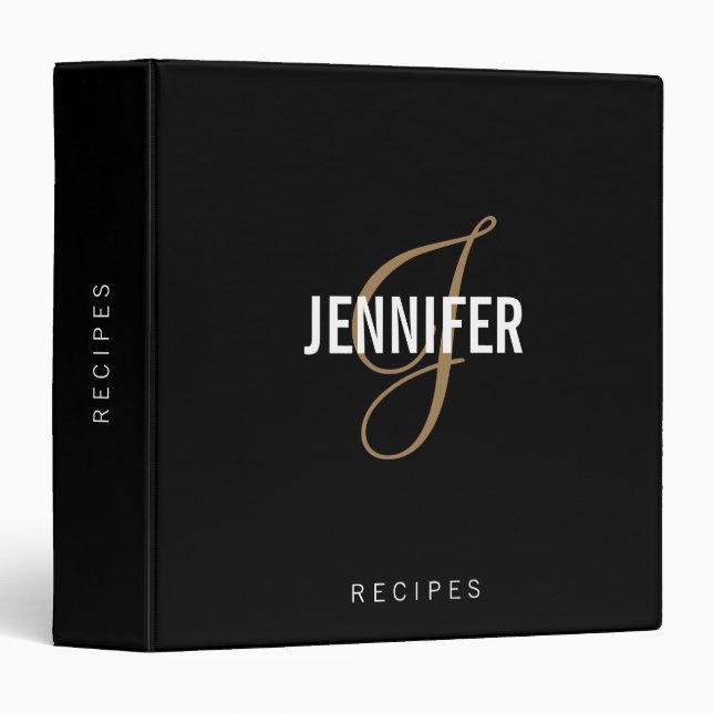 Elegant Monogram Black Gold Script Name Recipe  3 Ring Binder (Front/Spine)