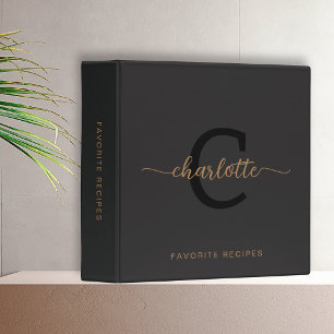 Elegant Monogram Black Gold Script Name Recipe 3 Ring Binder
