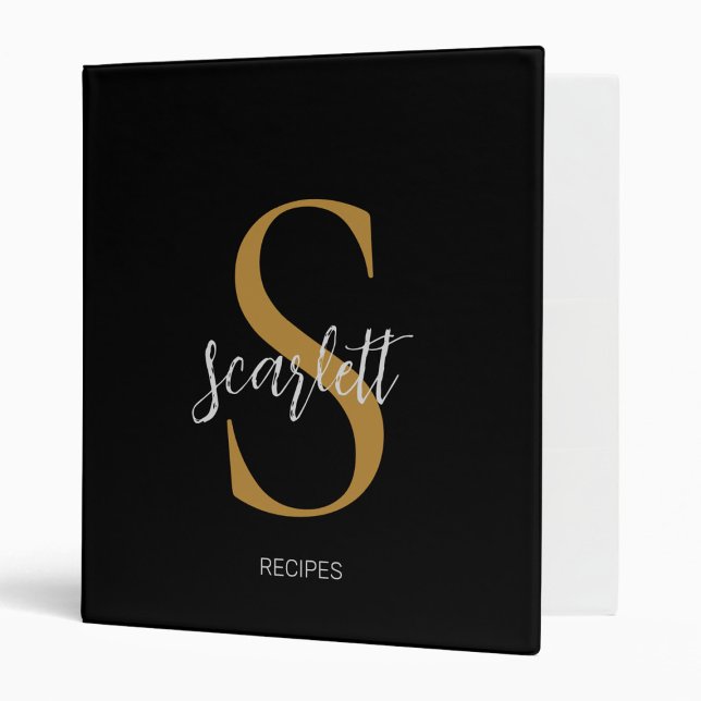 Elegant Monogram Black Gold Script Name Recipe 3 Ring Binder (Creator Uploaded)